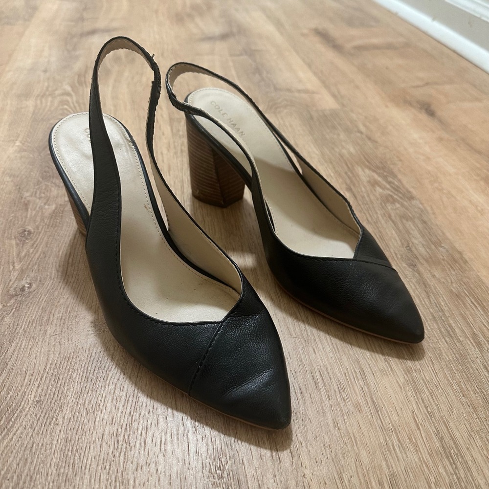 Cole Haan | Black Leather Slingback Block Heel Pointed Toe Pumps Shoe, Size‎ 9.5